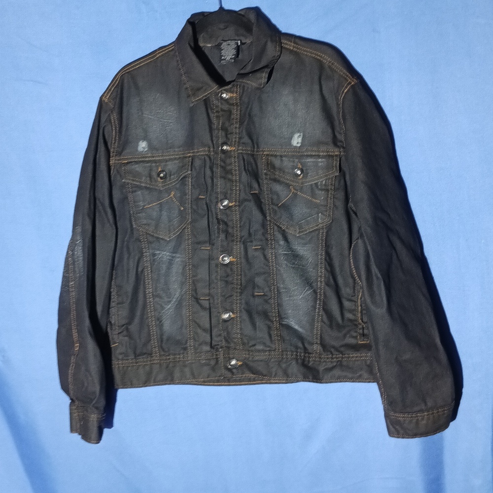 Rocawear Black Denim Jacket Mens 44 Y2K Streetwear Hip Hop Distressed